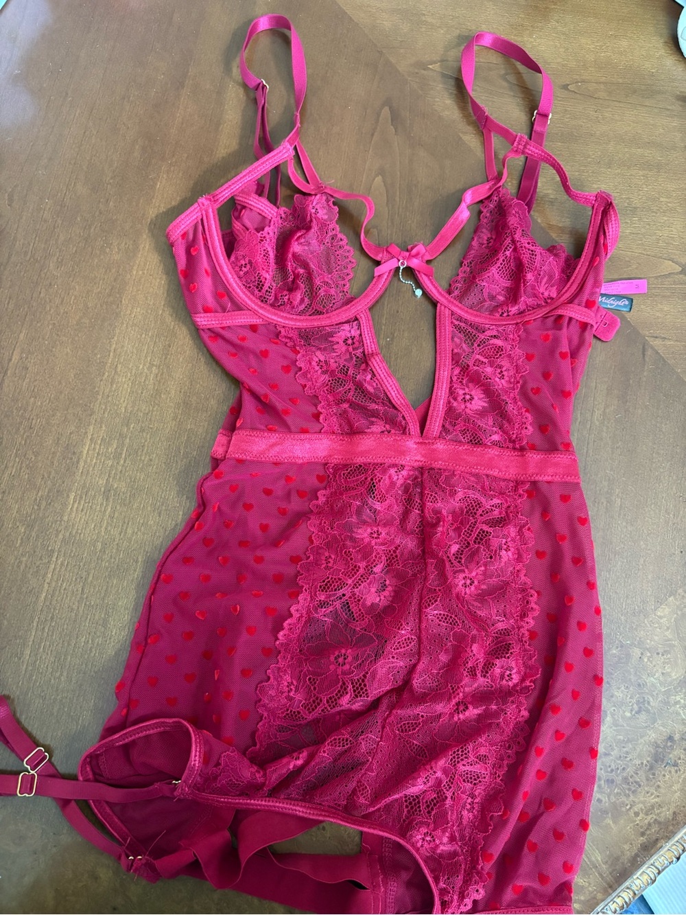 Red Lace & Mesh Chemise with Heart Detail New